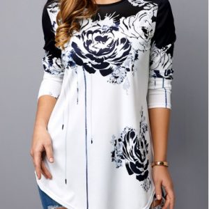 Printed Asymmetric Hem Round Neck T Shirt - 8