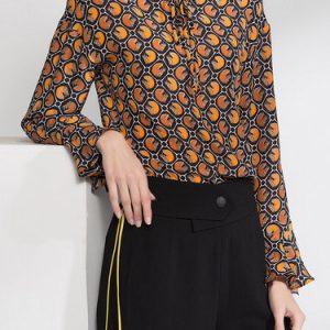 Printed Crew Neck Long Sleeve Vintage Silk H-line Blouse