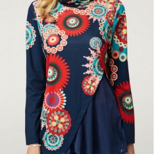 Printed Long Sleeve High Neck Blouse - XL