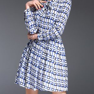 Printed Silk-blend Long Sleeve Geometric Casual Mini Dress with Belt