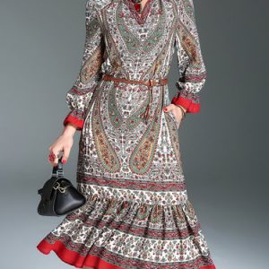 Printed Tribal Vintage Frill Sleeve Cotton-blend Midi Dress with Belt