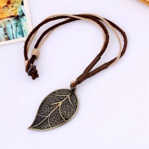 Punk Cow Leather Wax Rope Alloy Leaves Pendant Necklace for Man