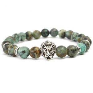 Punk Men's Natural African Turquoise Rock Silver Lion Head Elastic Beaded Bracelet