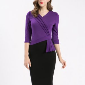 Purple 3/4 Sleeve Color-block Midi Dress