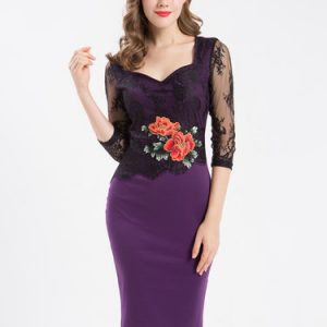 Purple 3/4 Sleeve Sheath Embroidered Midi Dress