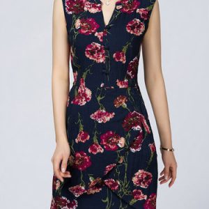 Purple Bodycon Pockets Stand Collar Floral Sleeveless Mini Dress