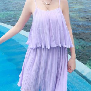 Purple Chiffon Spaghetti A-line Girly Pleated Mini Dress