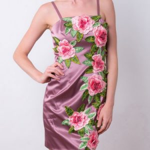 Purple Floral Embroidered Satin Elegant Party Dress