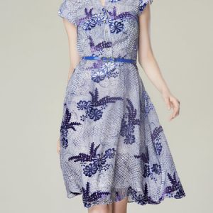 Purple Floral Short Sleeve Stand Collar Midi Dress With Belt