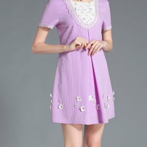 Purple Folds Girly Crew Neck Floral Mini Dress