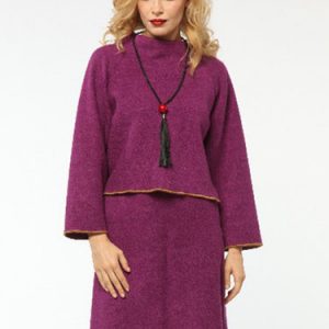 Purple Hand Made Two Piece Solid Long Sleeve Ratine Mini Dress