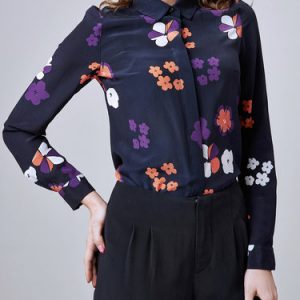 Purple Long Sleeve Floral Silk Shirt Collar Blouse