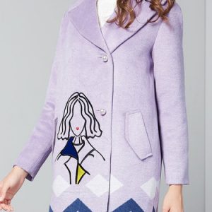 Purple Long Sleeve H-line Floral Print Pockets Coat