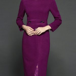 Purple Long Sleeve Solid Crew Neck Midi Dress