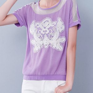 Purple Mesh Paneled Cotton-blend Short Sleeve Blouse