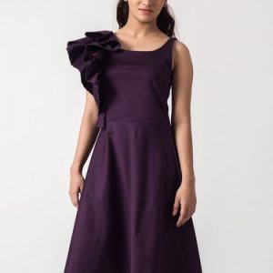 Purple Ruffled Shoulder Solid Elegant Midi Dress