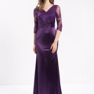 Purple Slit V Neck 3/4 Sleeve Mermaid Evening Dress