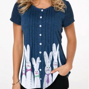 Rabbit Print Crinkle Chest Button Front Easter T Shirt - M