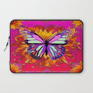 Rainbow Colored Butterfly On Red-fuchsia Sunflower Floral Computer Cover by SharlesArt - Laptop Sleeve - 13"