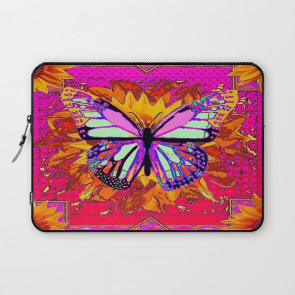 Rainbow Colored Butterfly On Red-fuchsia Sunflower Floral Computer Cover by SharlesArt - Laptop Sleeve - 13"