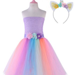 Rainbow Unicorn Dresses Baby Girls Flowers Princess Tutu Fancy Dress Headband Kids Halloween Costume