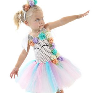 Rainbow Unicorn Dresses Kids Halloween Costume Baby Girls Princess Tutu Fancy Dress With Headband