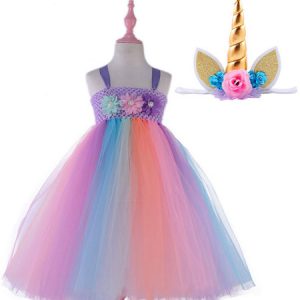 Rainbow Unicorn Dresses Kids Little Girls Princess Tutu Fancy Dress With Headband Halloween Costume