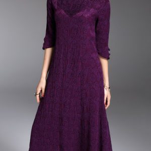 Ramie Crew Neck Embroidered Vintage 3/4 Sleeve Midi Dress