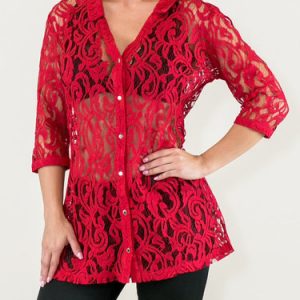 Red 3/4 Sleeve See-through Lace Tunic