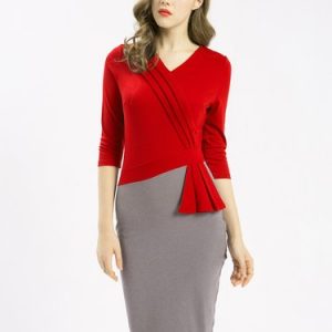 Red 3/4 Sleeve Sheath Elegant Color-block Midi Dress