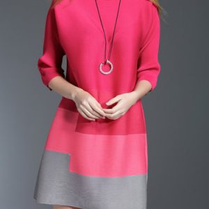 Red A-line 3/4 Sleeve Ribbed Crew Neck Mini Dress