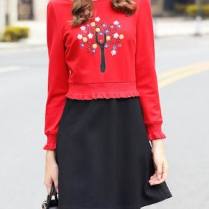 Red A-line Color-block Girly Embroidered Mini Dress