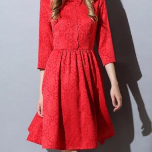 Red A-line Elegant Jacquard Midi Dress