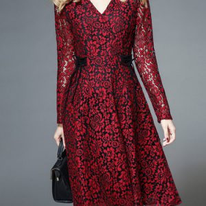 Red A-line Guipure Lace Long Sleeve V Neck Midi Dress