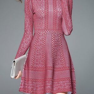 Red A-line Long Sleeve Crocheted Turtleneck Mini Dress