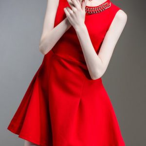 Red A-line Sleeveless Cotton-blend Paneled Mini Dress