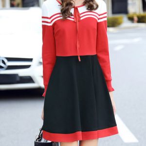 Red A-line Stripes Frill Sleeve Color-block Mini Dress