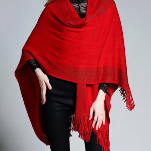 Red Asymmetrical Fringed Batwing Poncho And Cape