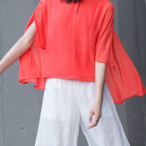 Red Asymmetrical Solid Simple Polyester Blouse