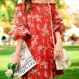 Red Balloon Sleeve Floral-print Mini Dress