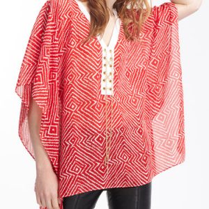 Red Batwing Printed V Neck Blouse