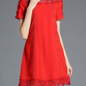 Red Beaded Plus Size Short Sleeve Mini Dress