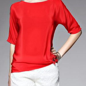 Red Beaded Silk Half Sleeve Solid Blouse