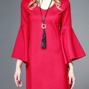 Red Bell Sleeve Elegant Solid V Neck Mini Dress