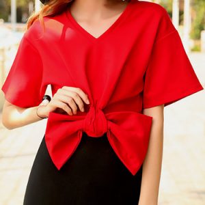 Red Bow V Neck Vintage Short Sleeved Top