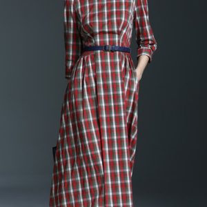 Red Casual Checkered/Plaid Cotton-blend Midi Dress