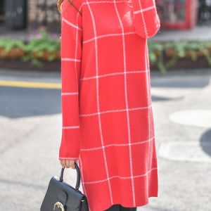 Red Casual Checkered/Plaid Knitted Midi Dress