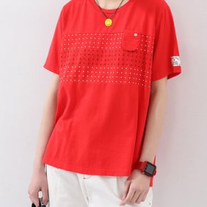 Red Casual Cotton Crew Neck Polka Dots T-Shirt