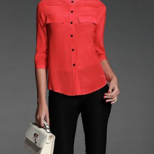 Red Casual Crew Neck Buttoned Plain Blouse