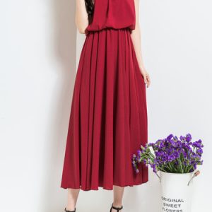 Red Casual Crew Neck Polyester Midi Dress